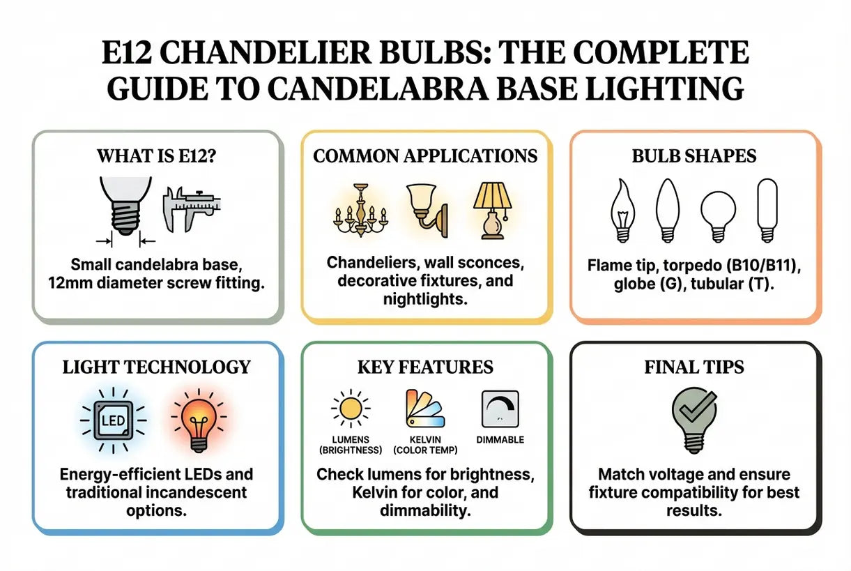 E12-lampen voor kroonluchters: de complete gids voor verlichting met kaarsfitting - infographic