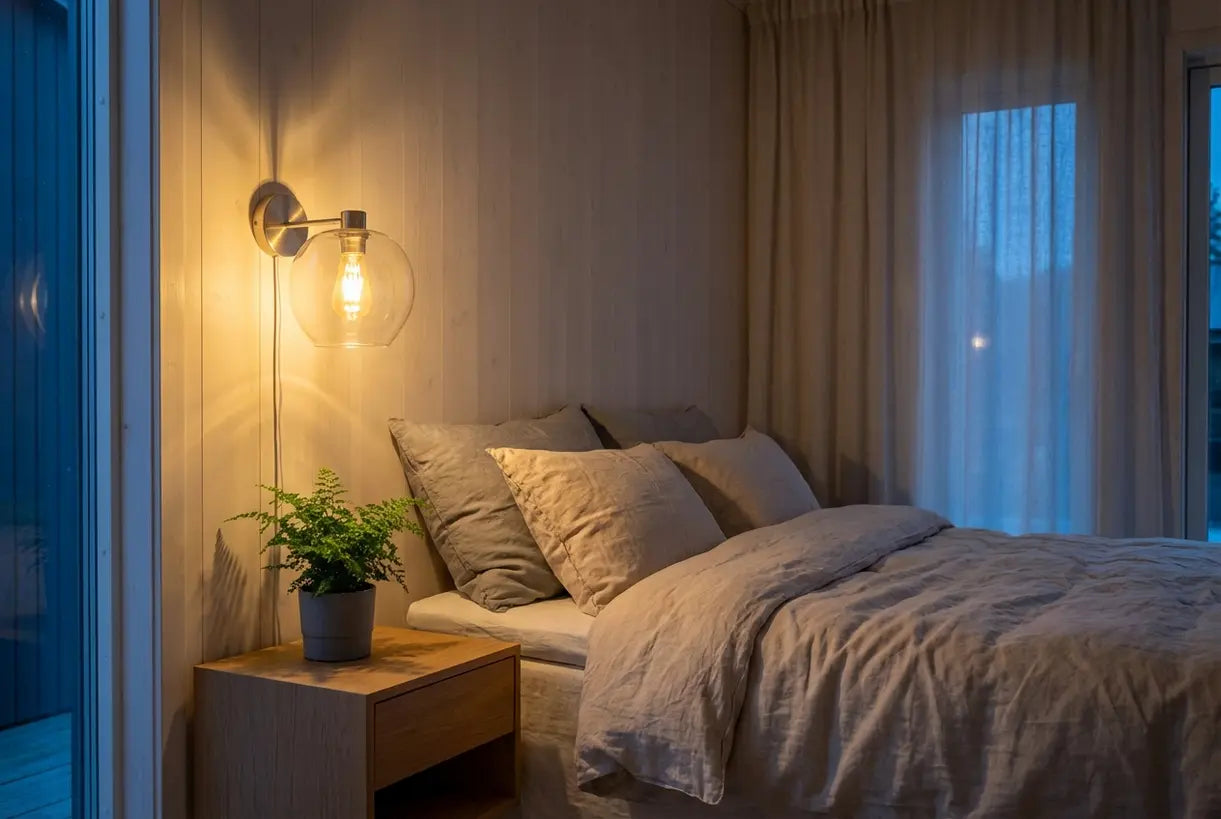 Moderne heldere glazen wandlamp die een Scandinavische slaapkamer bij schemering verlicht, sfeerverlichting creëert hygge-sfeer