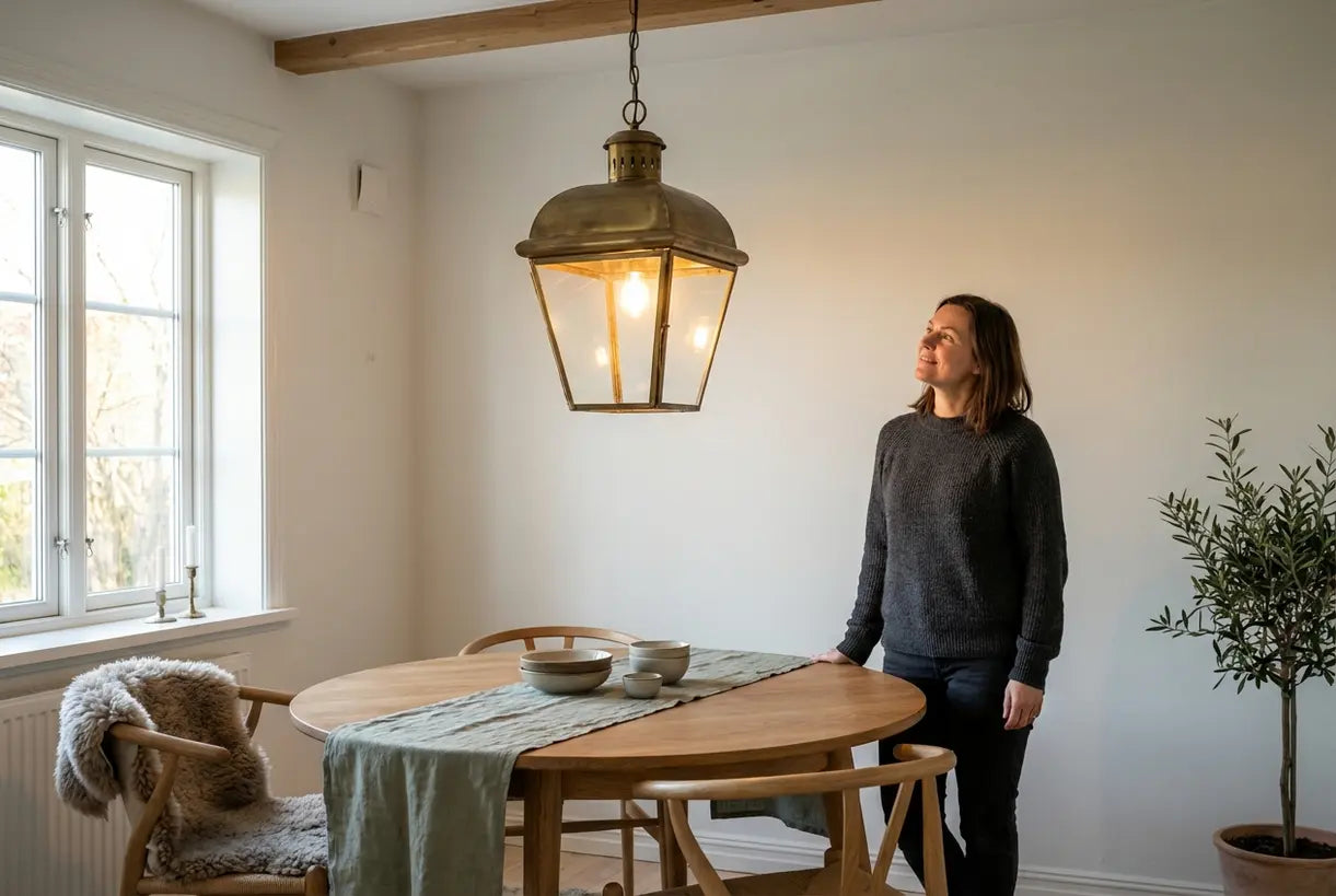 Woman admiring a lantern pendant light in a Scandinavian dining room with warm ambient lighting