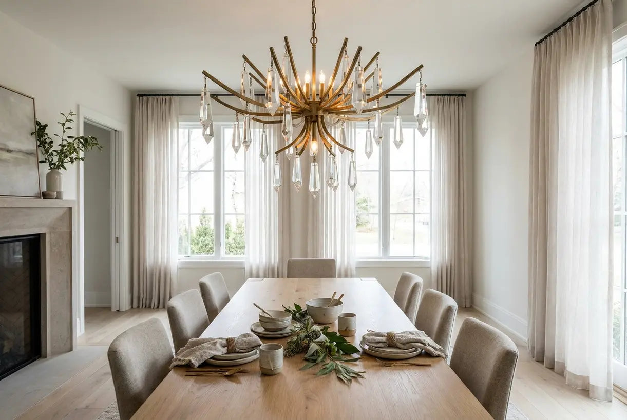 Transitional dining room with elegant chandelier above dining table in Scandinavian interior