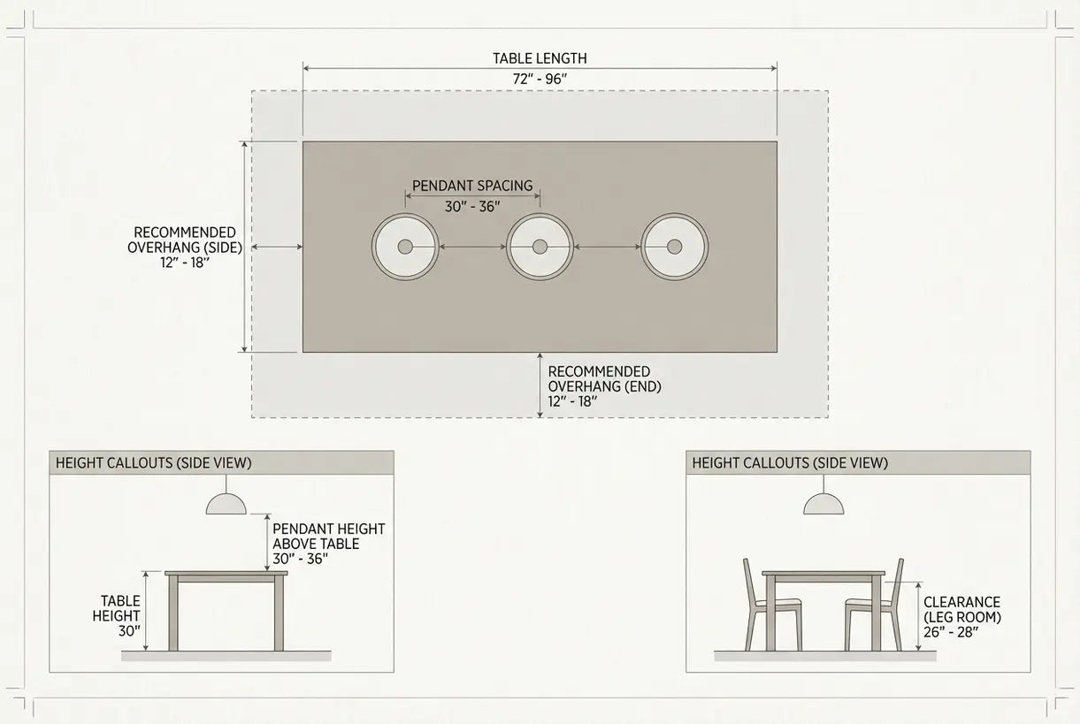 Diagram showing pendant spacing and height measurements for dining tables