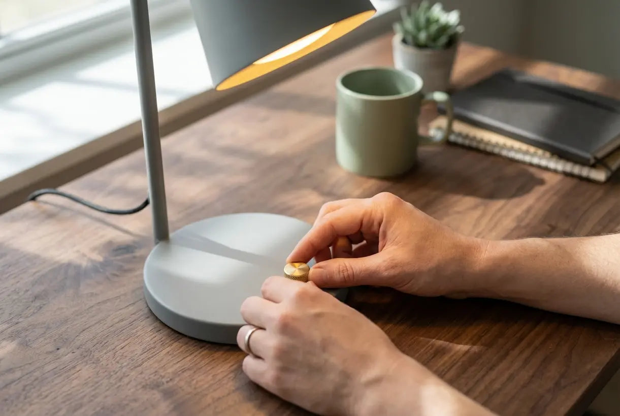 Close-up van handen die een Scandinavische bureaulamp met warm omgevingslicht aanpassen