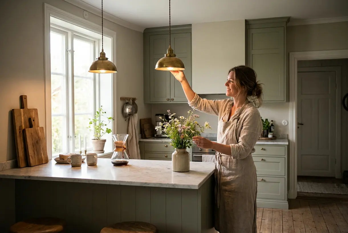 Vrouw in Scandinavische keuken met vintage hanglampen boven kookeiland