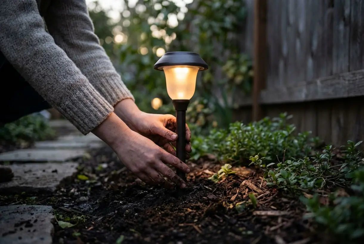 Handen installeren van een solar buitenpadverlichting in de tuin in de schemering met warme LED-gloed