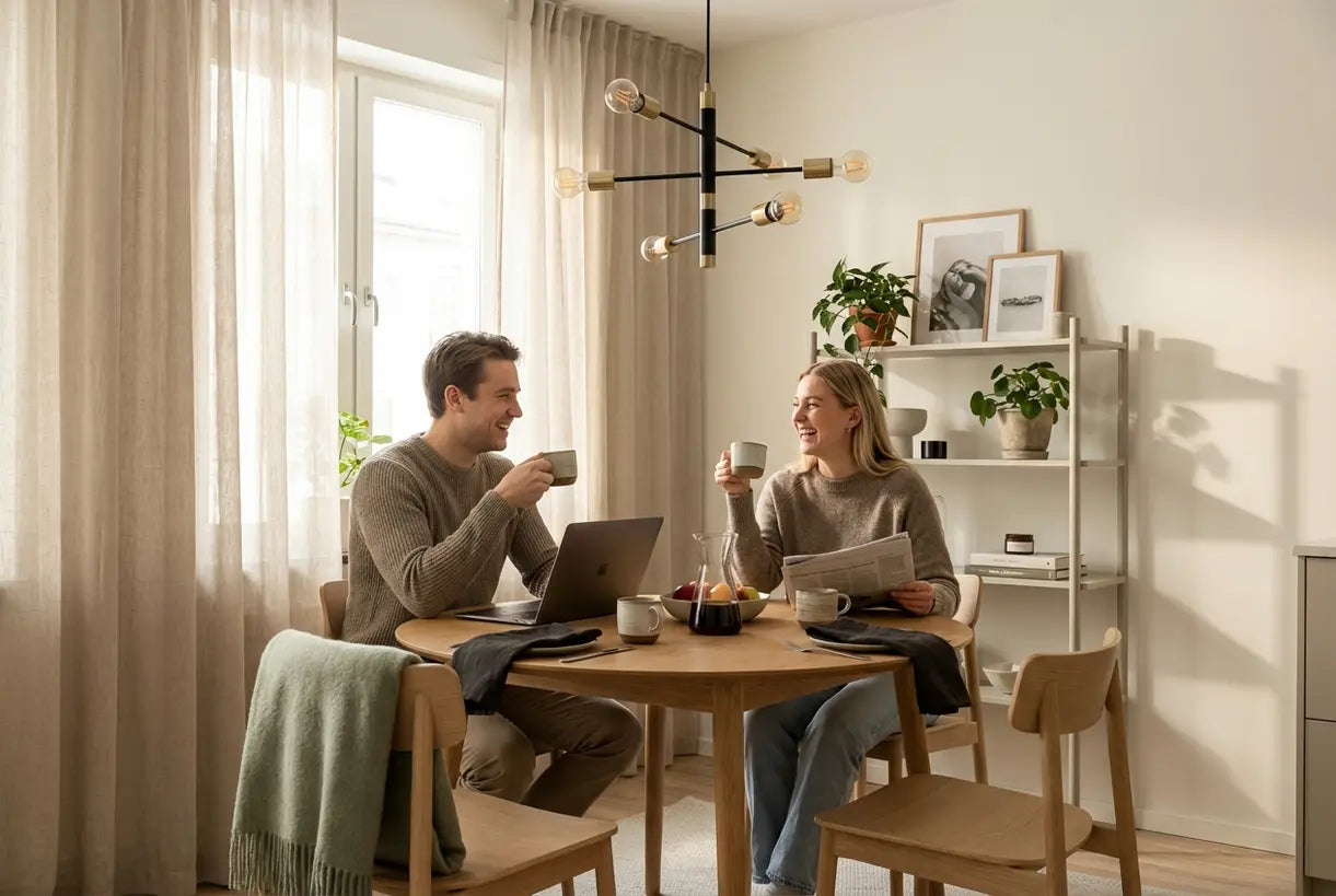 Skandinavisches kleines Esszimmer mit modernem Kronleuchter über rundem Tisch