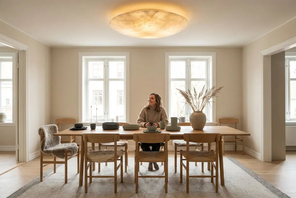 Scandinavische eetkamer met albasten plafondlamp die een warme sfeer creëert