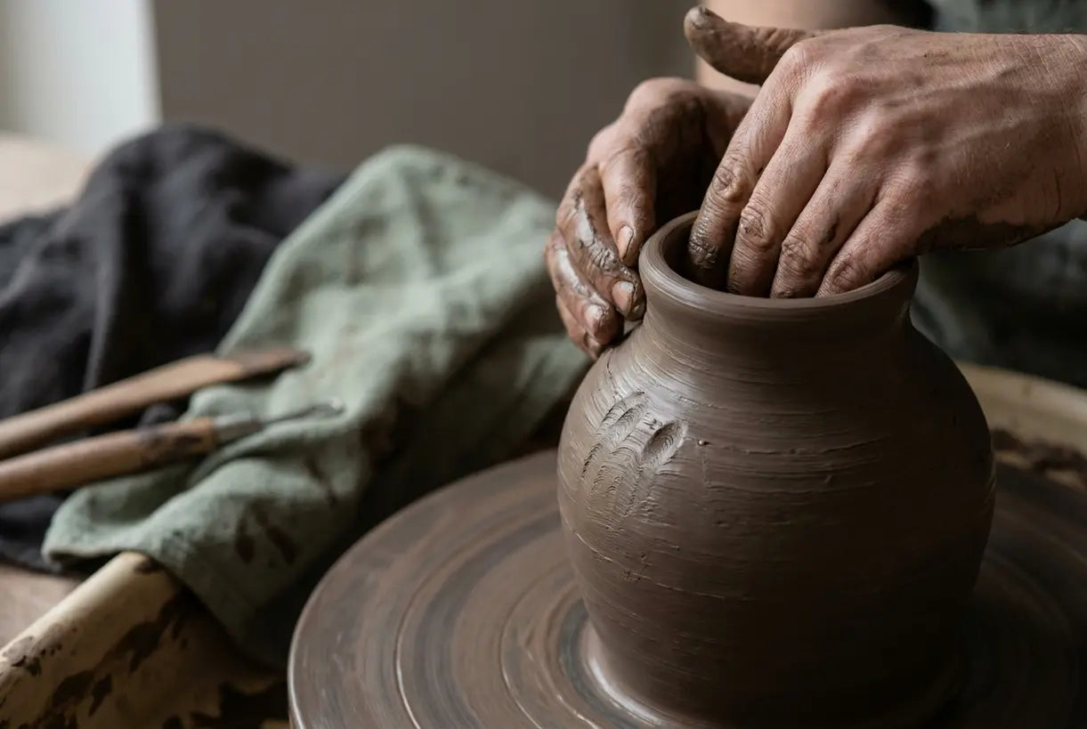 Artisan hands crafting handmade ceramic vase on pottery wheel