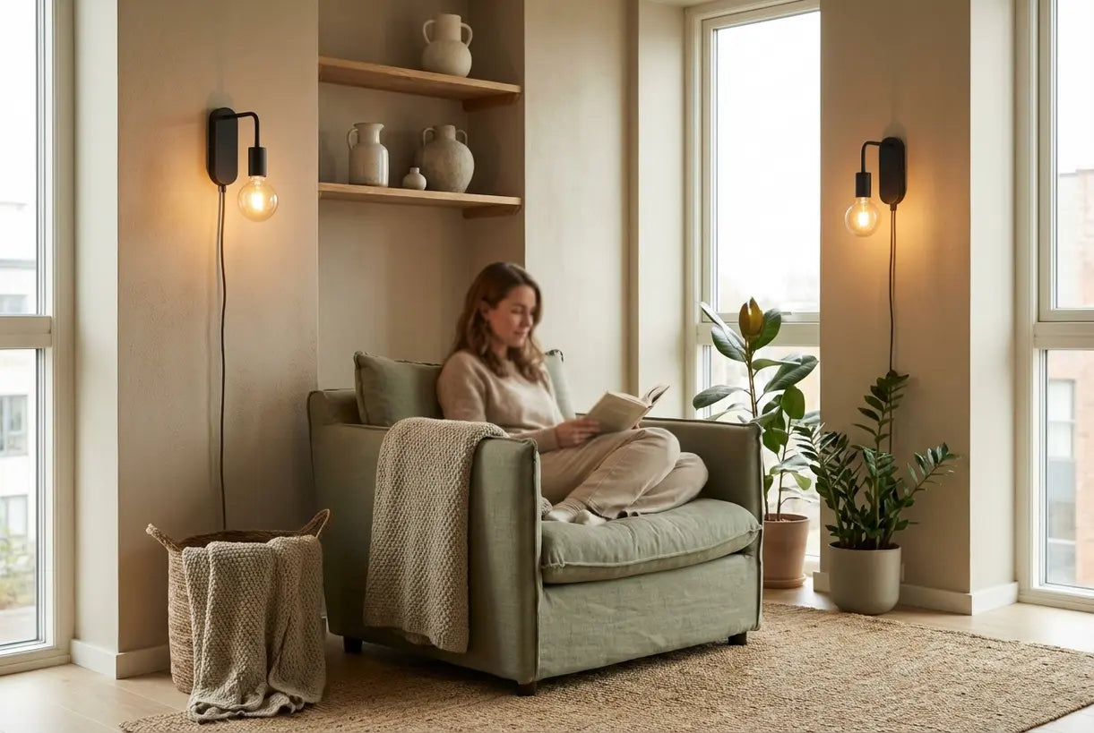 Scandinavische woonruimte met symmetrisch gemonteerde huurvriendelijke wandlampen