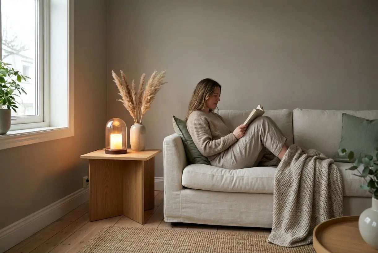 Vrouw ontspant met elektrische kaarsenwarmerlamp in Scandinavische woonkamer