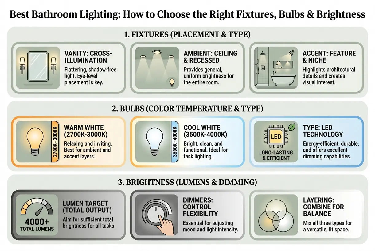 Best Bathroom Lighting: How to Choose the Right Fixtures, Bulbs & Brightness - infographic