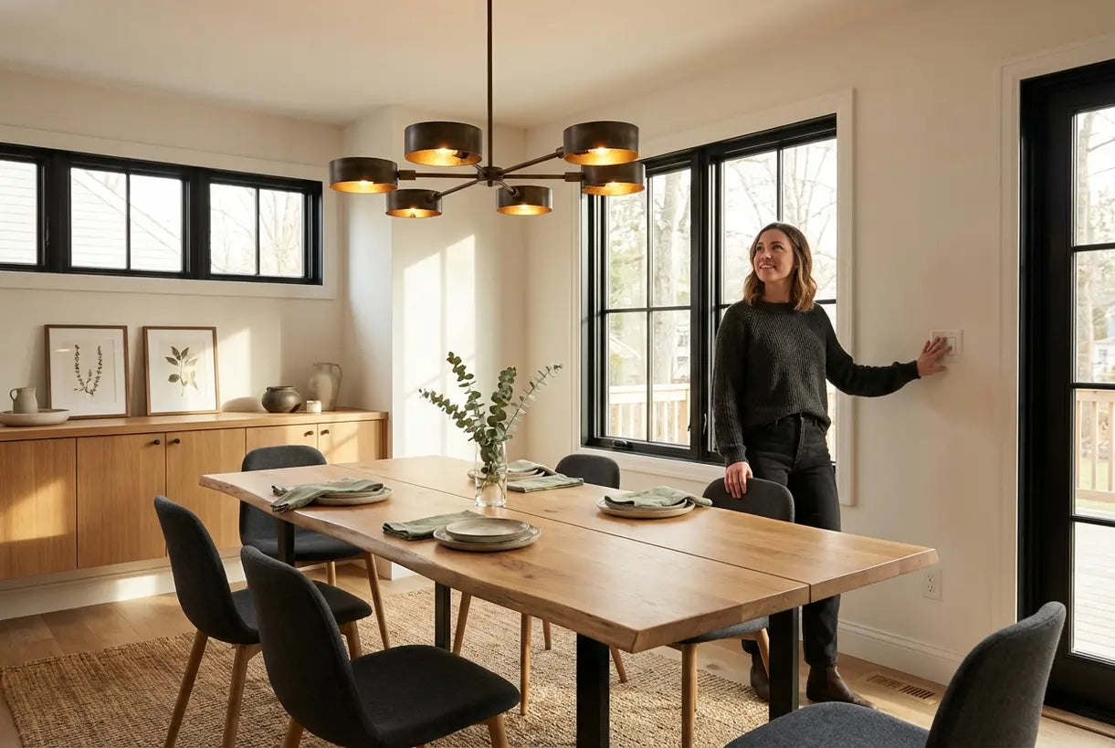 Modern bronze chandelier hanging over dining table in contemporary Scandinavian interior