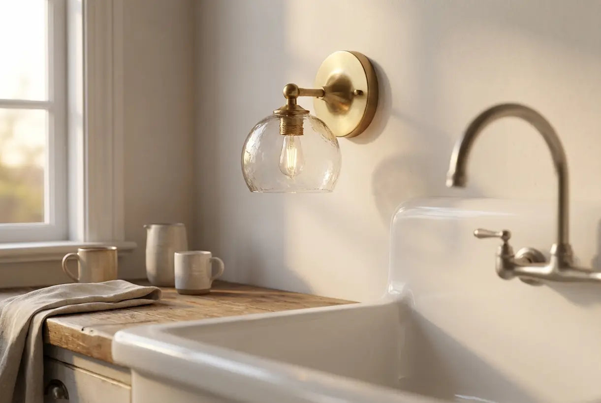 Wandlamp boven het aanrecht, een Scandinavische messing wandlamp in zacht natuurlijk licht