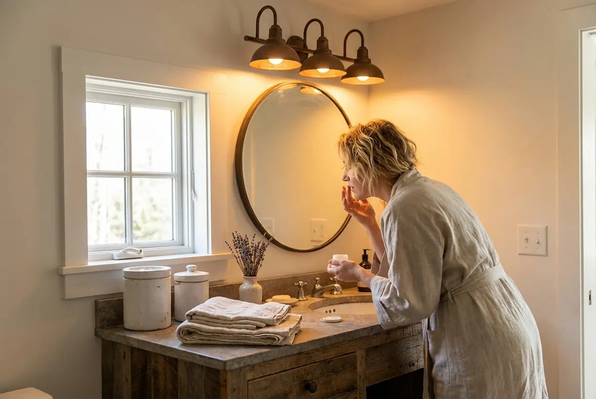 Modern farmhouse bathroom vanity with rustic lighting and natural decor