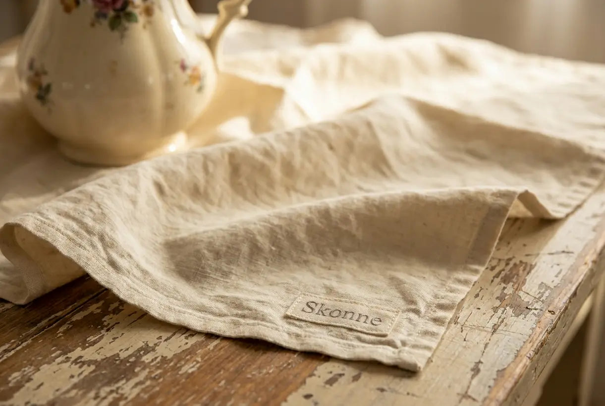 Close-up of natural linen fabric and rustic wood texture representing French country home decor materials