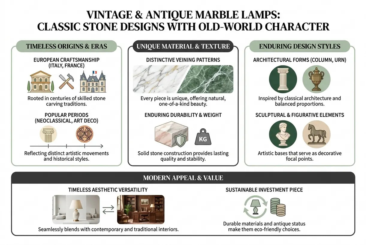 Vintage & Antieke Marmeren Lampen: Klassieke Stenen Ontwerpen met Oude Wereld Karakters - infographic