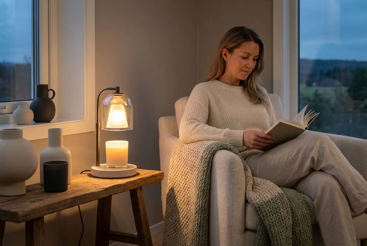 Scandinavische woonkamer met een kaarsenwarmerlamp die zorgt voor knus sfeerlicht om 's avonds te ontspannen