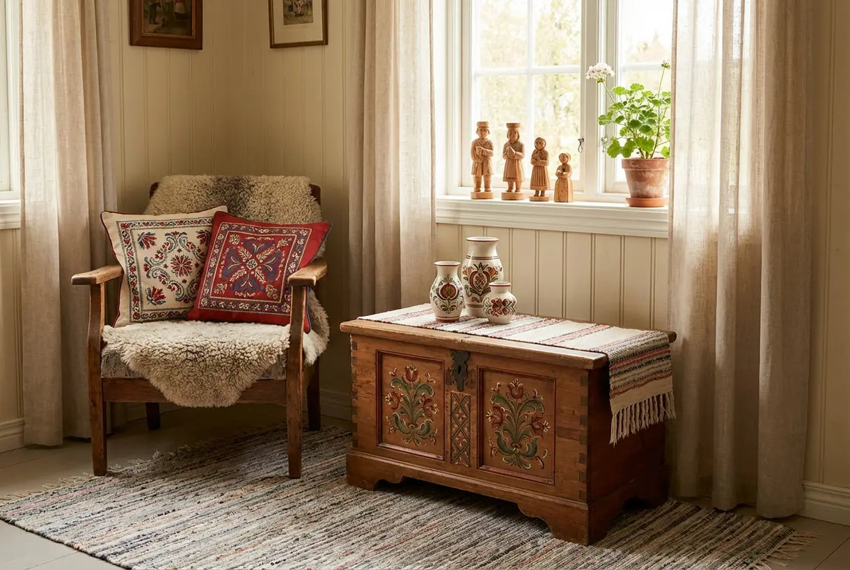 Scandinavian interior with traditional folk design patterns and heritage craft decorative elements.
