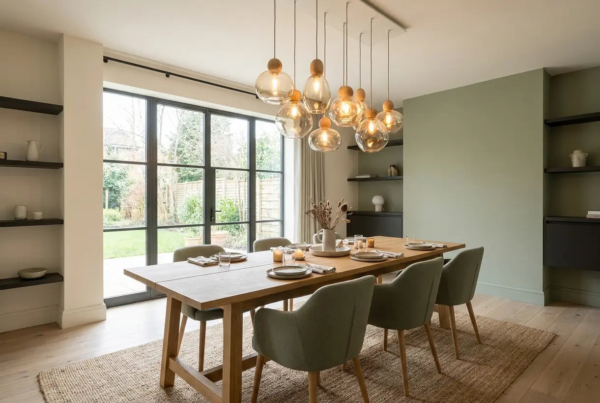 Modern dining room with pendant lighting fixture, Scandinavian dining room lighting design