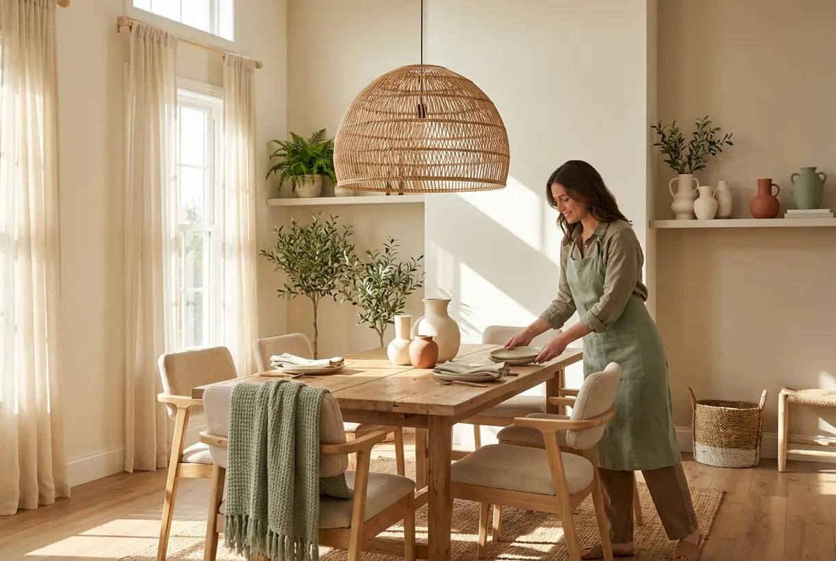 Boho-eetkamer met gevlochten rotan hanglamp en houten tafel, Scandinavisch interieur