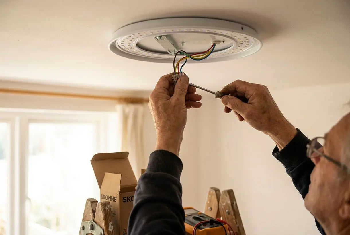 Handen die het knipperende LED-plafondlichtprobleem oplossen met schroevendraaier en bedrading