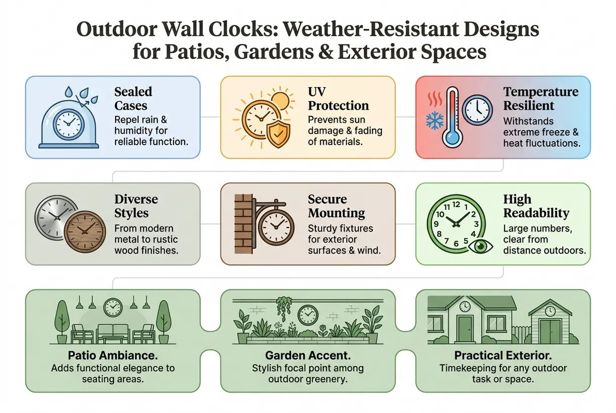 Outdoor Wall Clocks: Weather-Resistant Designs for Patios, Gardens & Exterior Spaces - infographic
