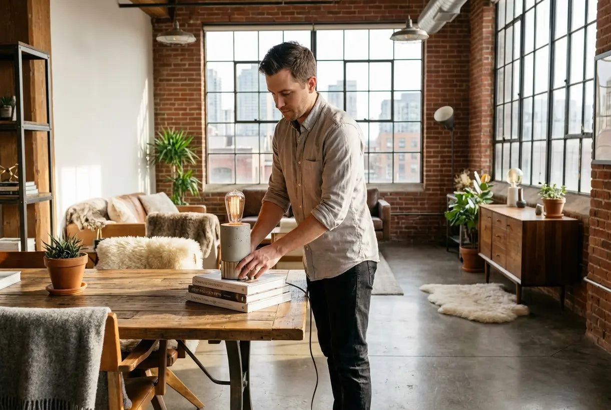 Industriële moderne tafellamp in hedendaags loftinterieur met natuurlijk licht en minimalistisch decor