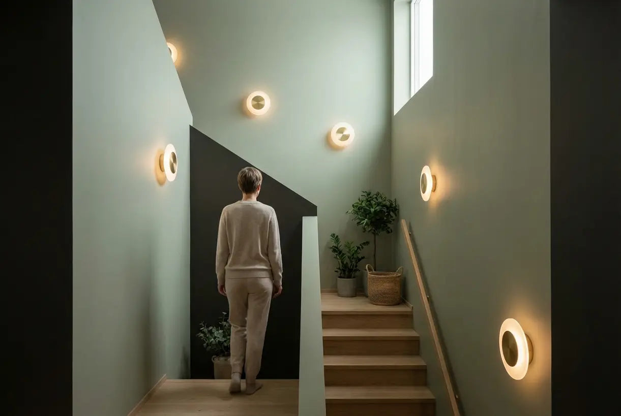Scandinavian stairway with modern wall sconces creating warm ambient lighting