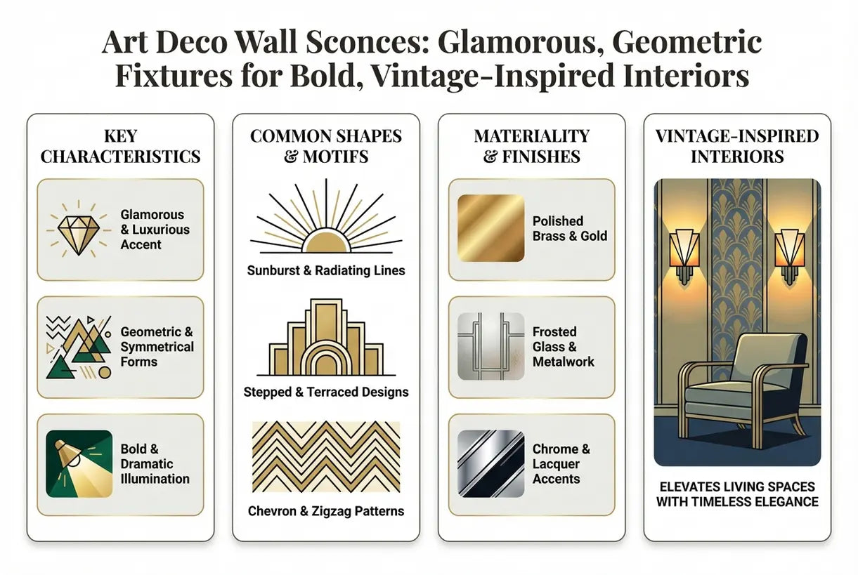 Art Deco Wandkandelaars: Glamoureuze, Geometrische Armaturen voor Gedurfde, Vintage-geïnspireerde Interieurs - infographic