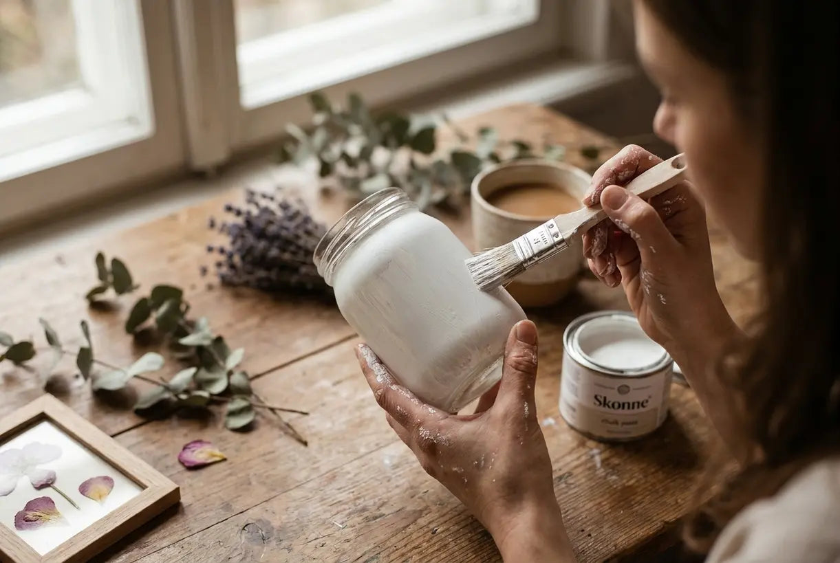 Hands painting DIY flower vase with white chalk paint and natural materials