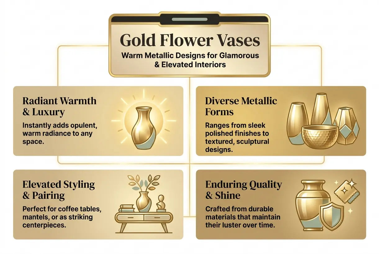 Gold Flower Vases: Warm Metallic Designs for Glamorous & Elevated Interiors - infographic