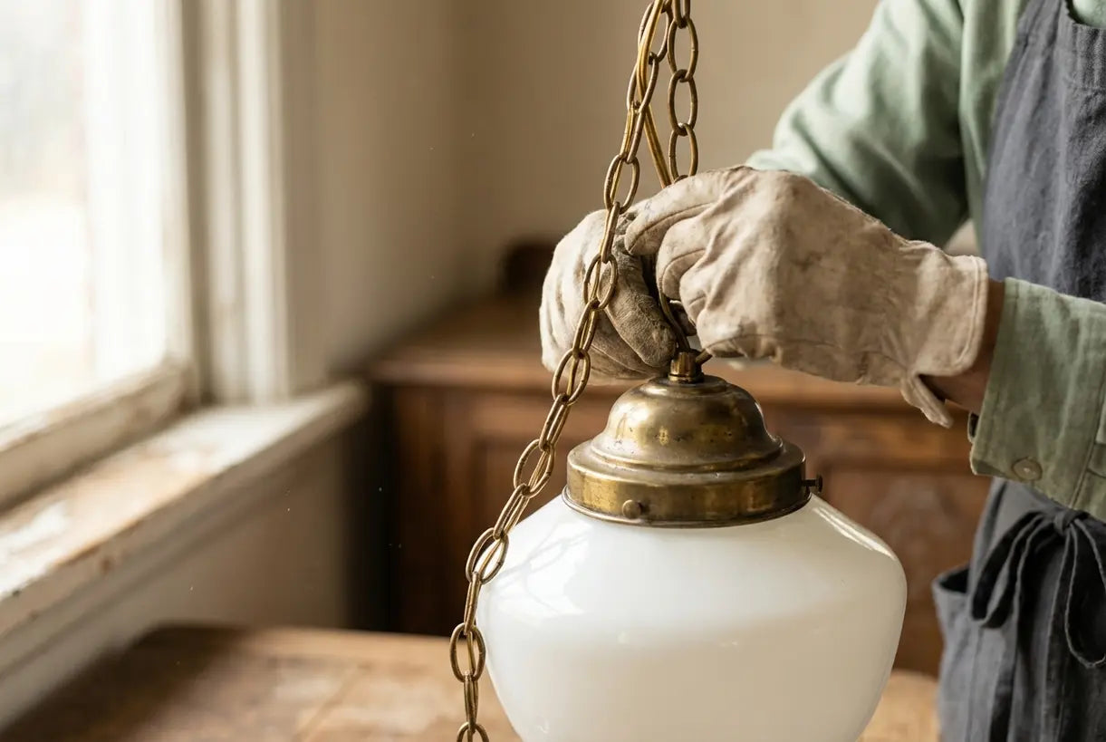 Vintage schoolhouse pendellamp met messing beslag en melkglazen bol in Scandinavisch interieur