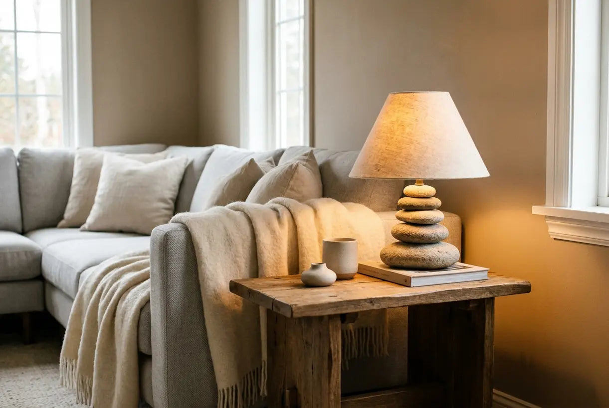 Stenen tafellamp in Scandinavische woonkamer creëert warme sfeerverlichting