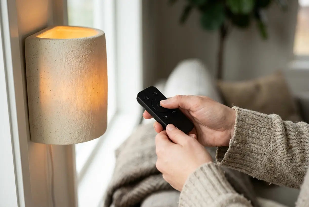 Handen die afstandsbediening vasthouden voor draadloze wandlamp