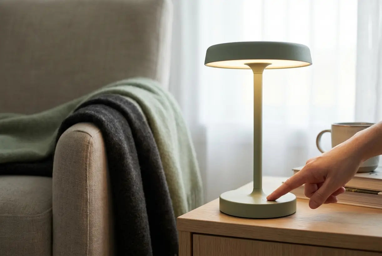 Hand die de touch dimmer aanpast op de beste oplaadbare lamp