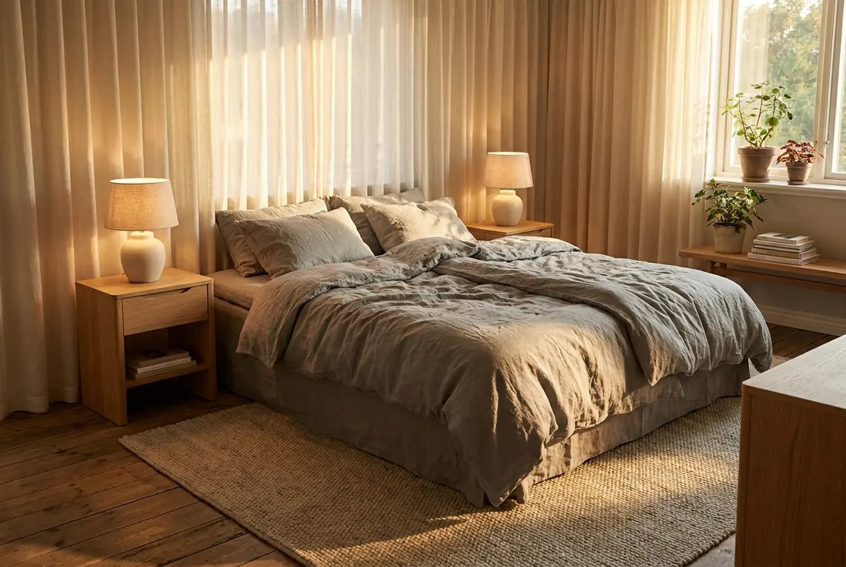 Scandinavian bedroom with symmetrical feng shui bedside lamps creating warm ambient lighting