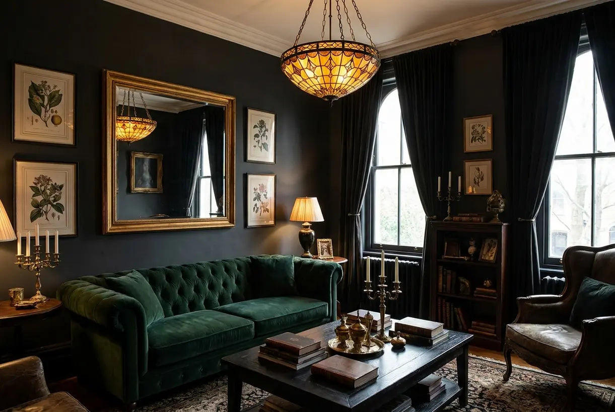 Dark dramatic gothic living room interior with velvet sofa and statement lighting