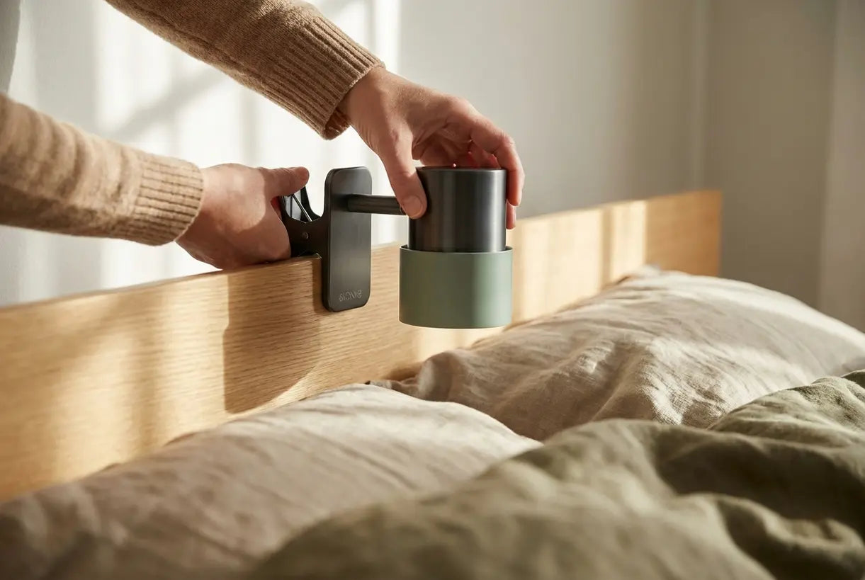 Handen klemmen een verstelbaar leeslampje aan het houten hoofdbord in een Scandinavische slaapkamer