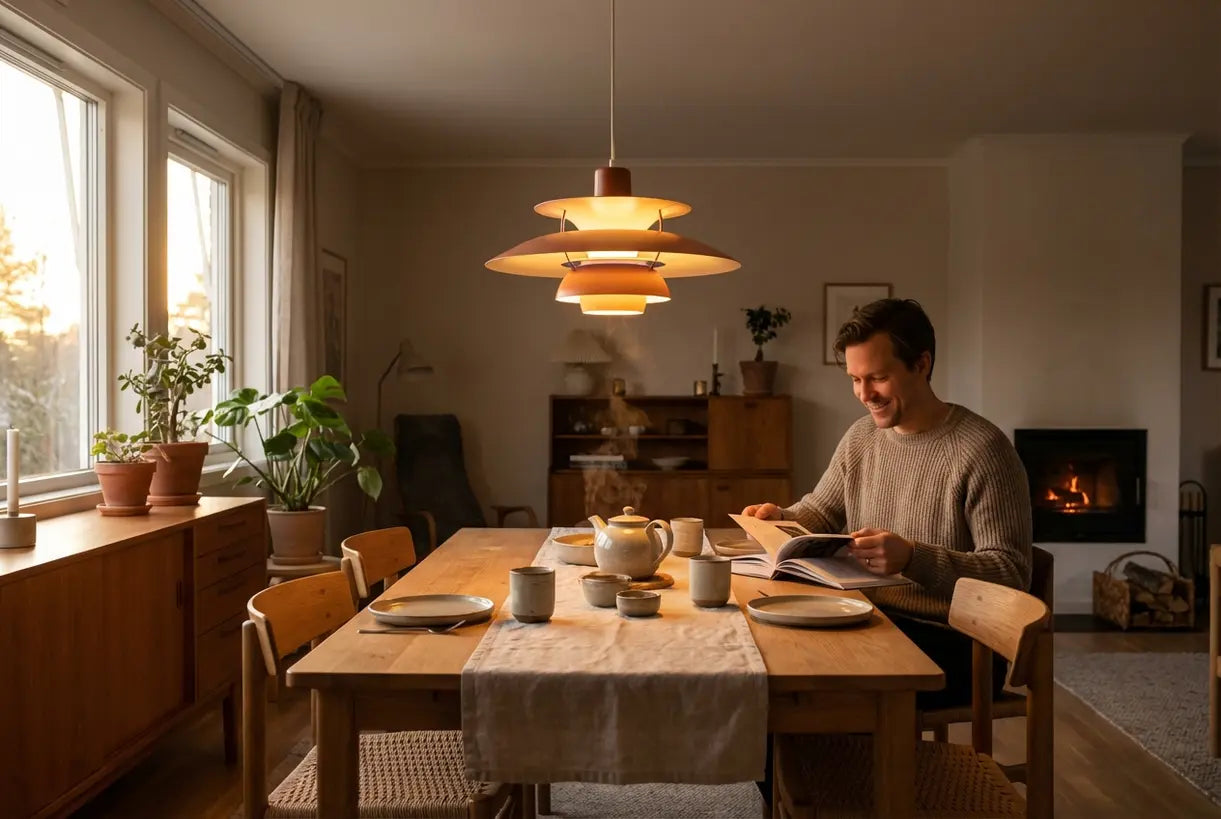 Scandinavian dining room with mid century modern pendant light over wooden table