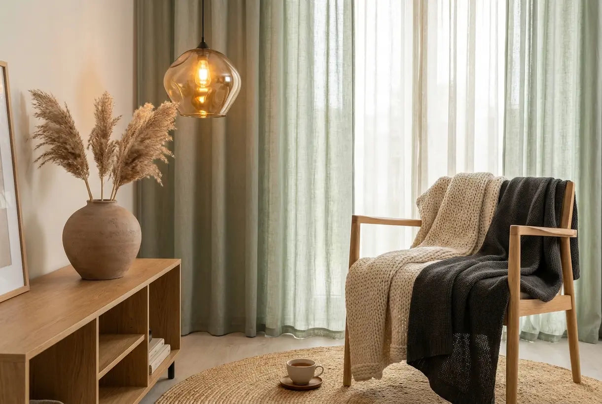 Warm minimalist living room with sculptural glass pendant light, ceramic vase, and natural textures