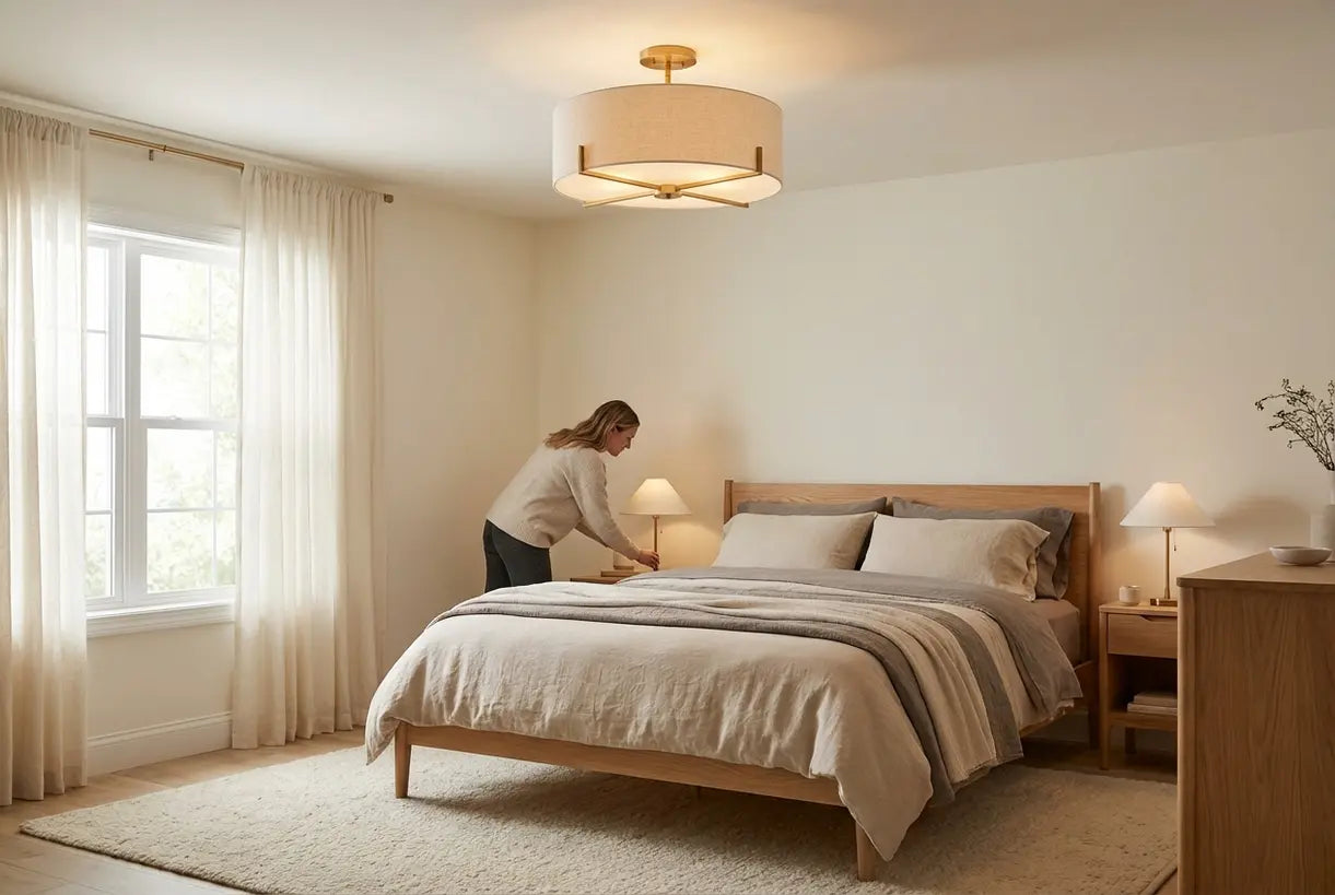 Scandinavische slaapkamer met opbouw kroonluchter op 2,40 meter plafond