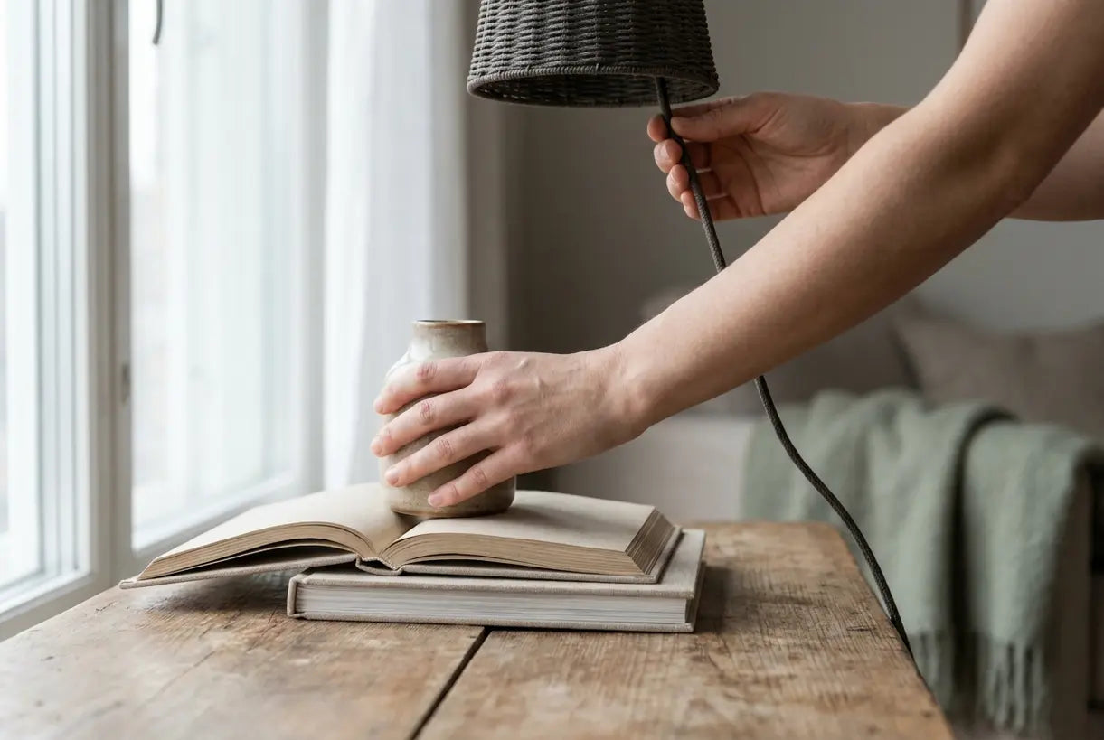 Hands arranging minimalist decor vignette demonstrating interior design techniques for styling surfaces