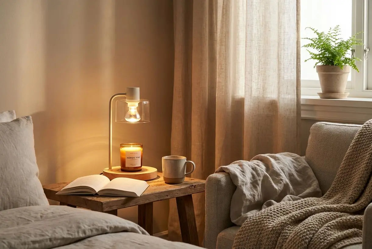 Gezellige Scandinavische slaapkamer met kaarsverwarmerlamp op nachtkastje die een warme sfeervolle gloed creëert