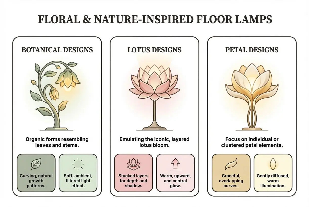 Florale & Natuur-geïnspireerde Staande Lampen: Botanische, Lotus & Bloemblad Designs - infographic