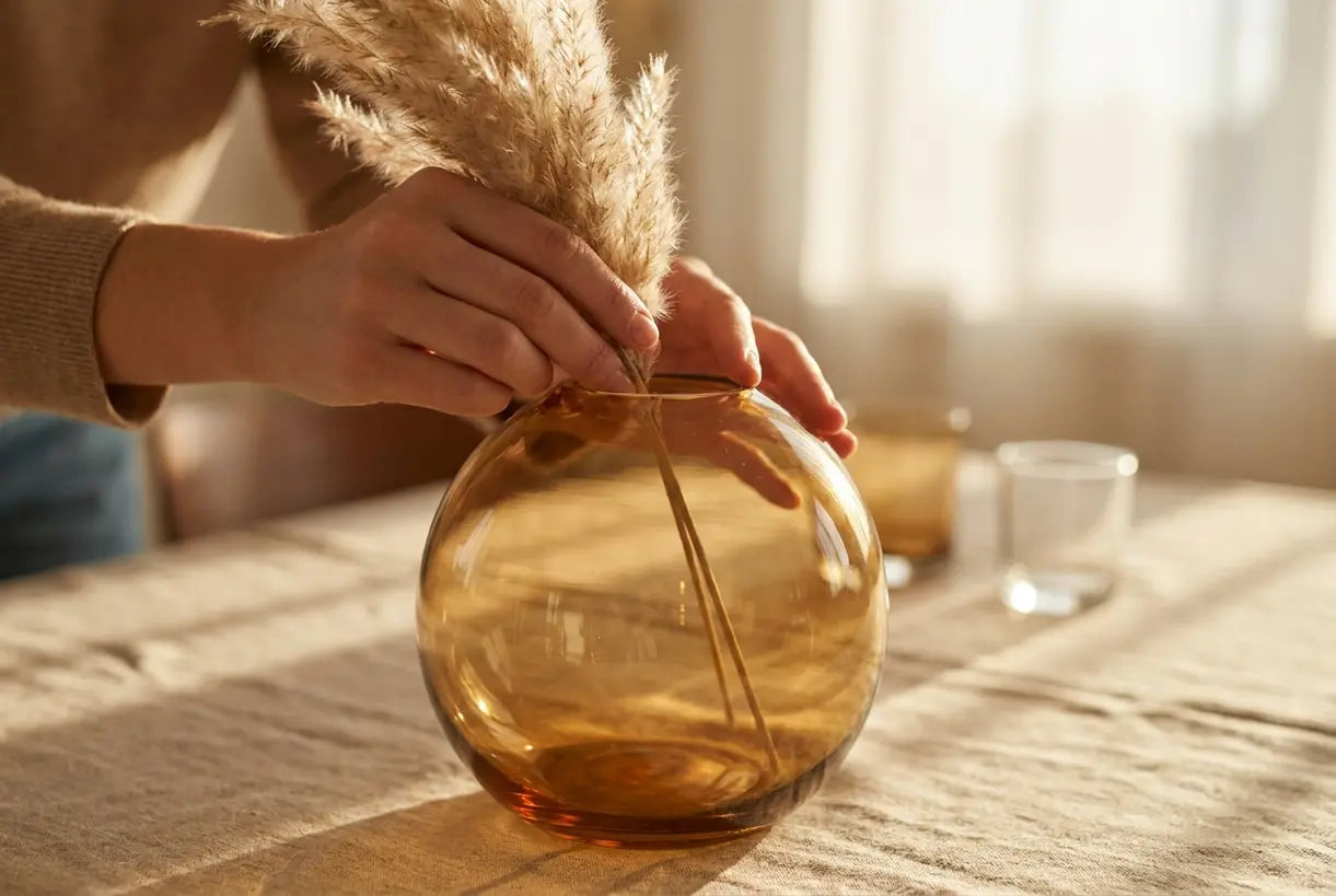 Hands styling dried flowers in amber glass vase for home decoration