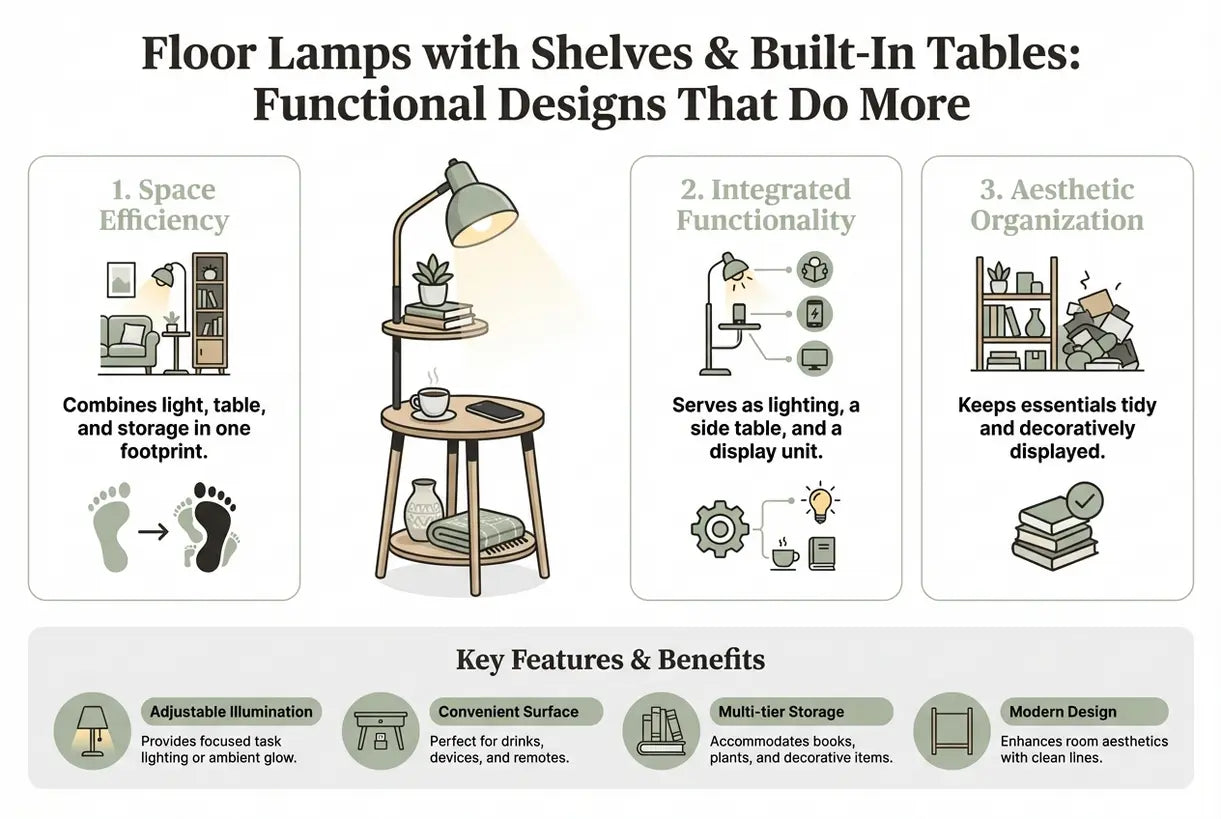Vloerlampen met planken en ingebouwde tafeltjes: functionele ontwerpen die meer doen - infographic