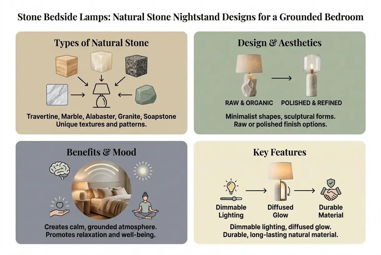Nachttischlampen aus Stein: Designs aus Naturstein für ein erdendes Schlafzimmer - Infografik
