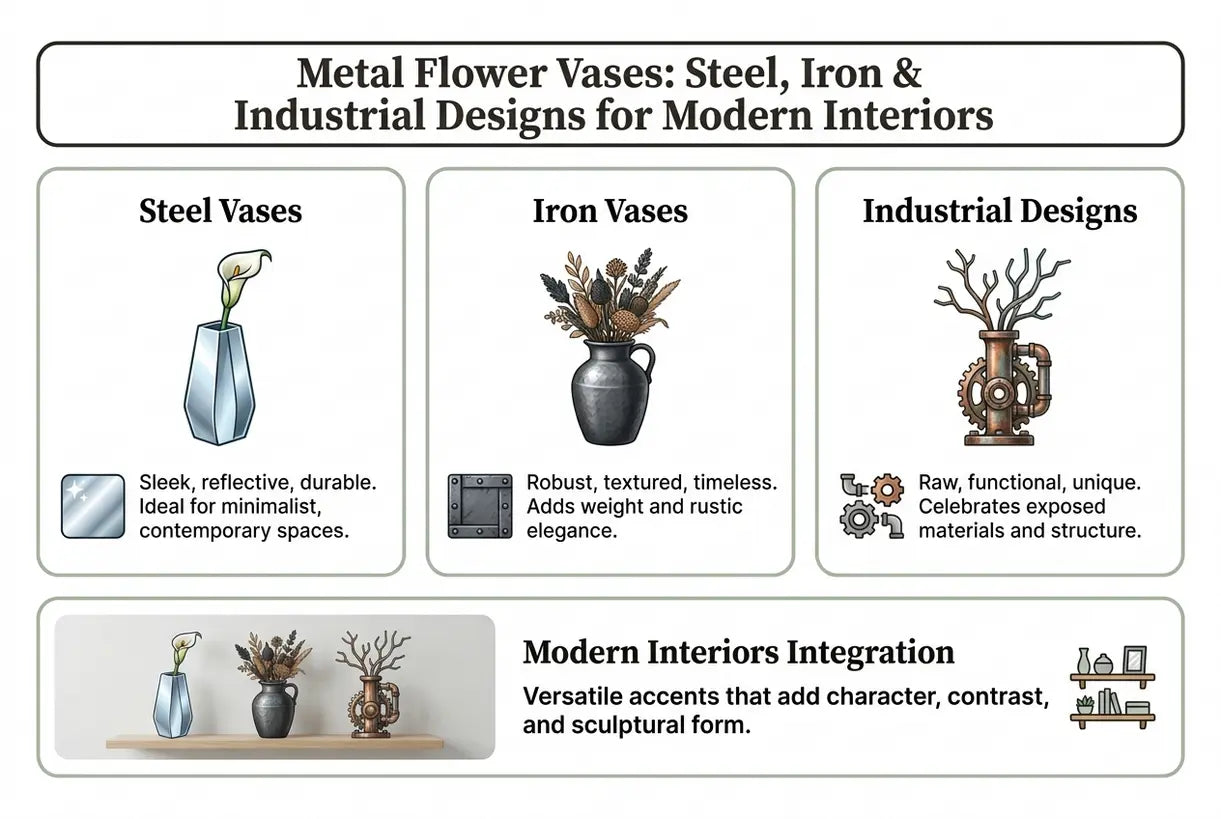 Metal Flower Vases: Steel, Iron & Industrial Designs for Modern Interiors - infographic