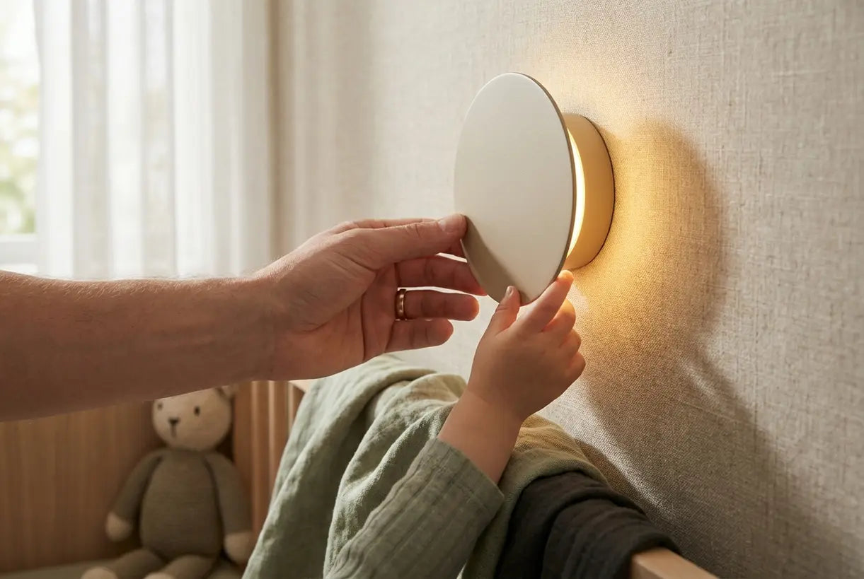 Handen die een minimalistische wandlamp voor de kinderkamer met warm sfeerlicht aanpassen