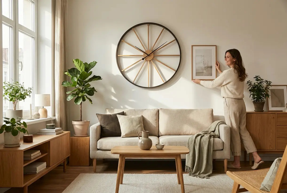 Modern living room interior featuring large contemporary wall clock as focal point above sofa