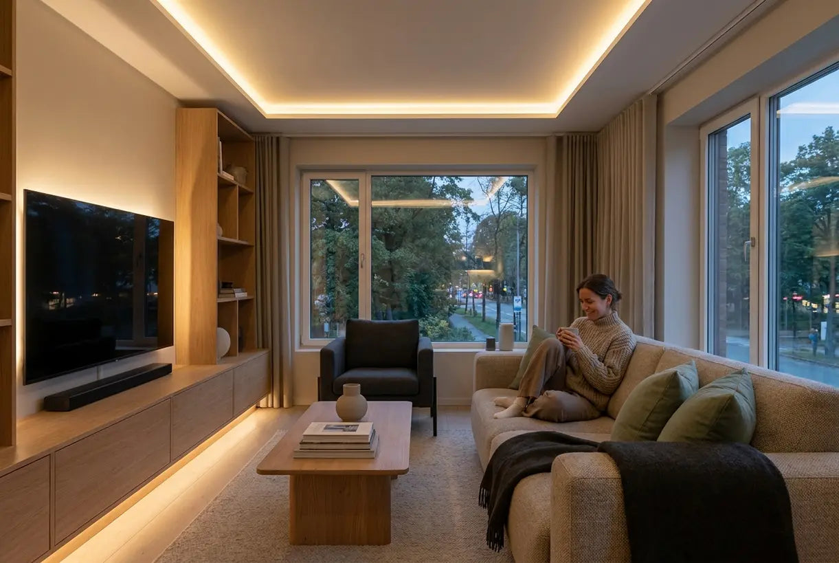 Modern Scandinavian living room with layered LED strip lighting creating warm ambiance